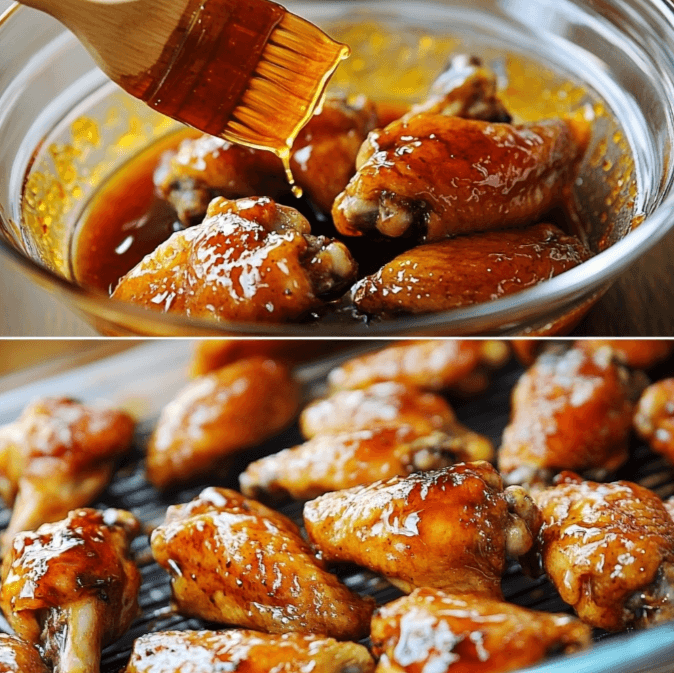 A collage showing stages of preparation, glazing, and cooking of Honey Glazed Chicken Wings