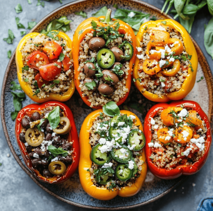 different plates of quinoa-stuffed bell peppers—Mediterranean, spicy Mexican, and vegan versions.