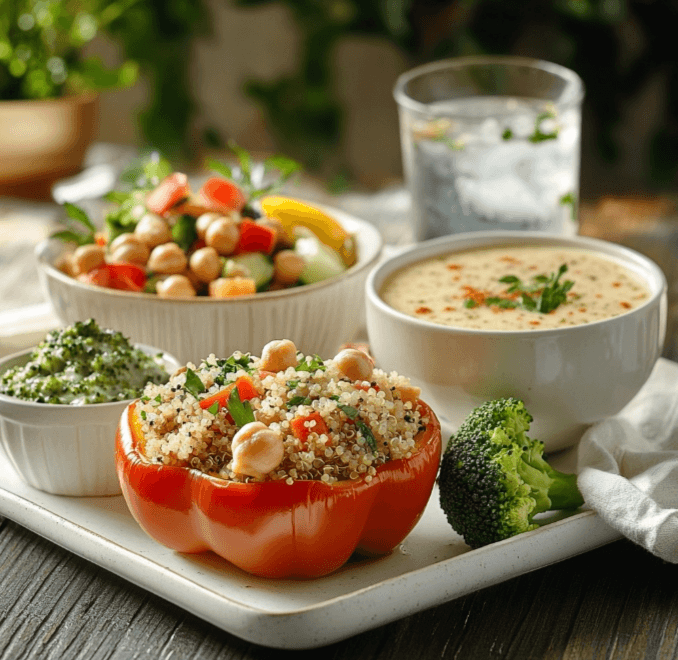 A full meal spread featuring quinoa-stuffed bell peppers, a side salad, and a bowl of creamy broccoli soup.