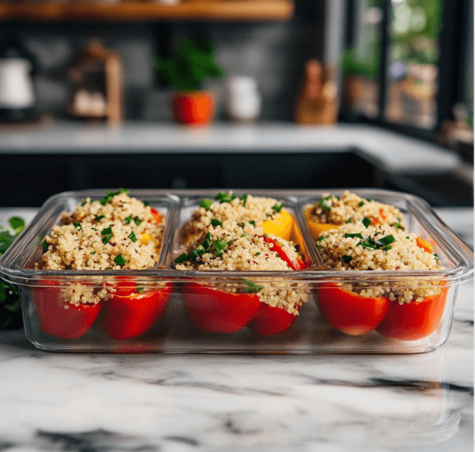 Glass meal prep containers filled with quinoa-stuffed bell peppers, ready to be refrigerated or frozen.