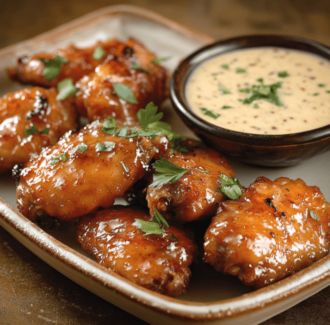 A colorful platter of honey glazed chicken wings with garlic butter dipping sauce