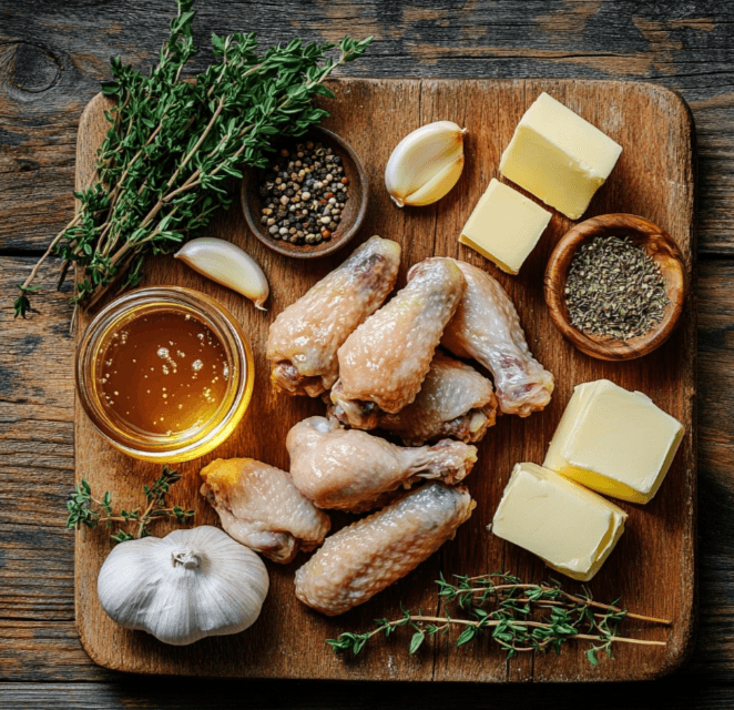 Flat lay of key ingredients including chicken wings, honey, garlic, butter, and herbs