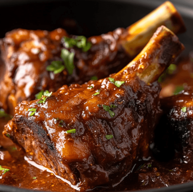 A close-up shot of tender braised lamb shanks with a savory sauce