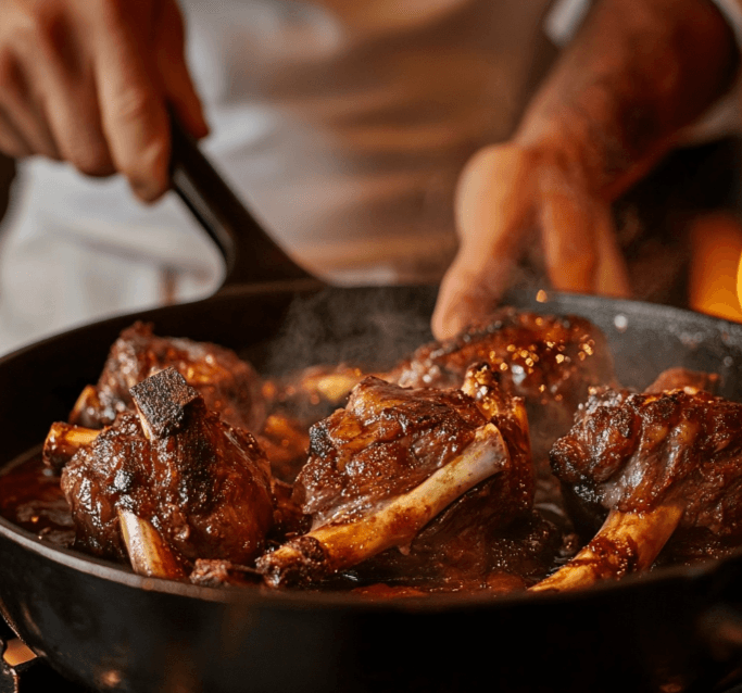 Chef searing lamb shanks in a Dutch oven