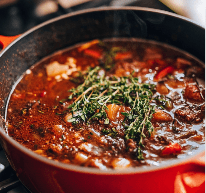 A  pot filled with a rich, aromatic braising liquid simmering with herbs