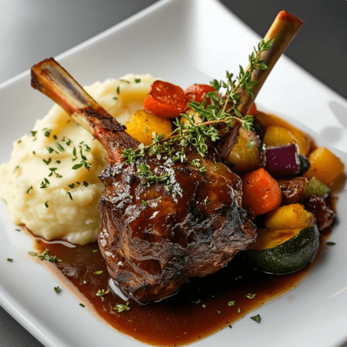 A beautifully plated serving of braised lamb shanks with mashed potatoes and vegetables