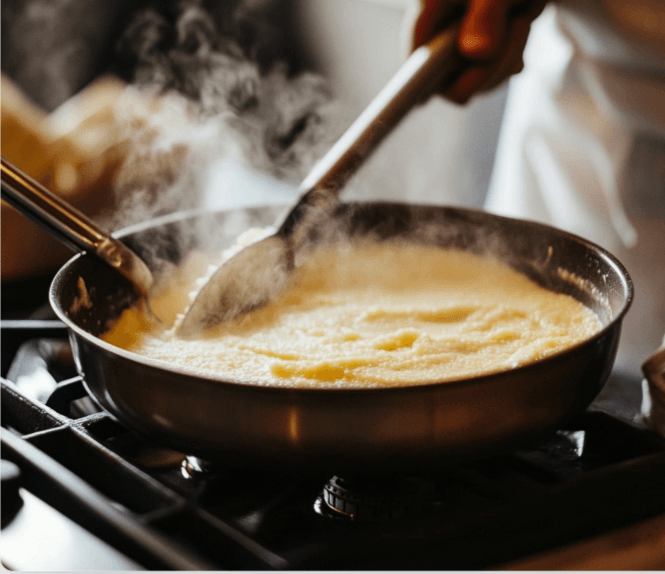 A chef stirring polenta in a heavy-bottomed pan