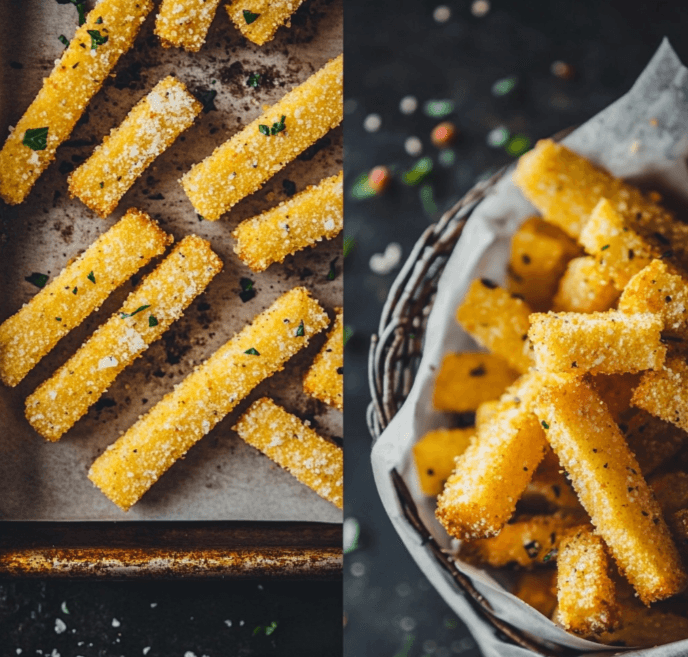 Split image showing baked versus fried crispy Parmesan Polenta Fries