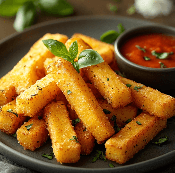 A stylishly plated dish of crispy Parmesan Polenta Fries served with a dipping sauce