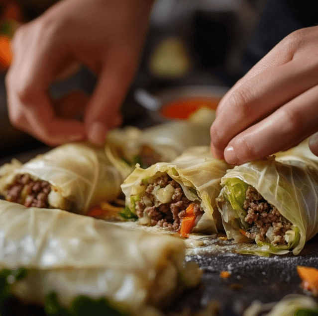 Hands assembling cabbage rolls stuffed with ground beef on a kitchen counter