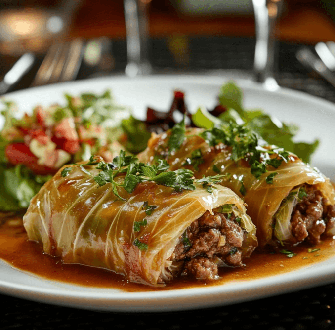 A beautifully plated serving of cabbage rolls stuffed with ground beef with a garnish