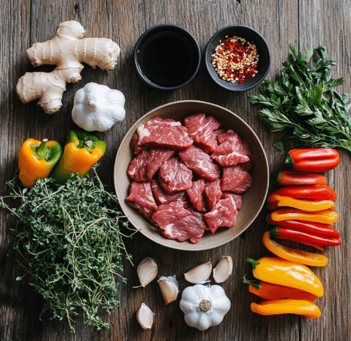 An assortment of fresh ingredients including beef, vegetables, and spices