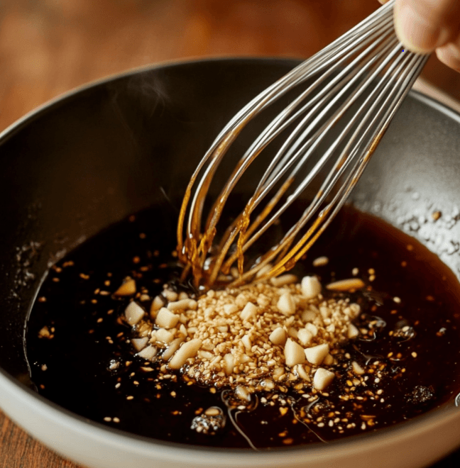  A bowl of marinade ingredients being mixed