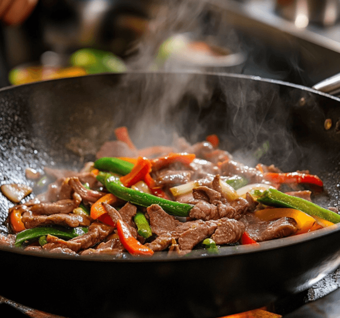  A chef stir-frying beef and vegetables in a sizzling wok