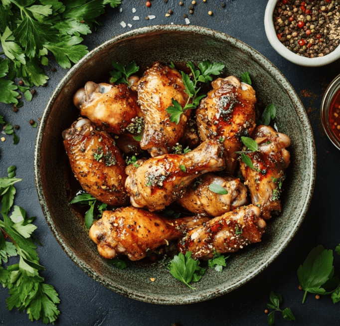 Chicken wings being marinated in a bowl with herbs and spices