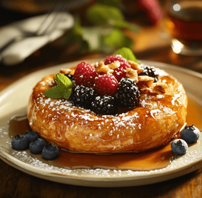 Golden French toast bagel with fresh toppings on a rustic plate