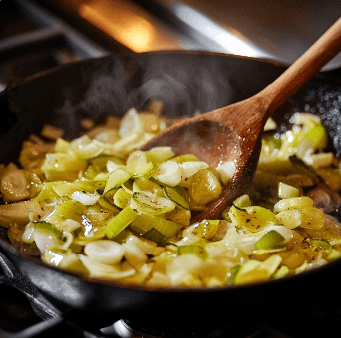 Thinly sliced leeks being sautéed in a cast iron pan with melted butter, turning soft and golden