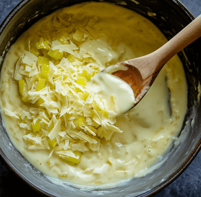 A bowl of quiche filling with sautéed leeks and Gruyere cheese being gently stirred together