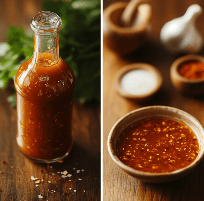 A bottle of store-bought Buffalo sauce next to a bowl of homemade Buffalo sauce.