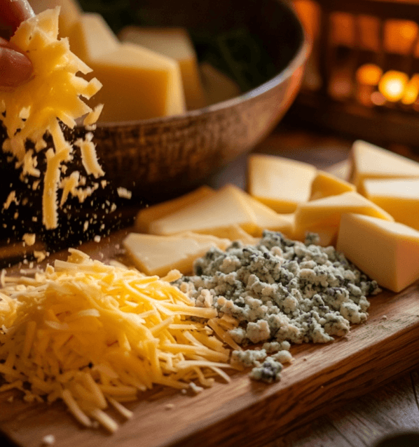 A cheese board with cheddar, mozzarella, and blue cheese.