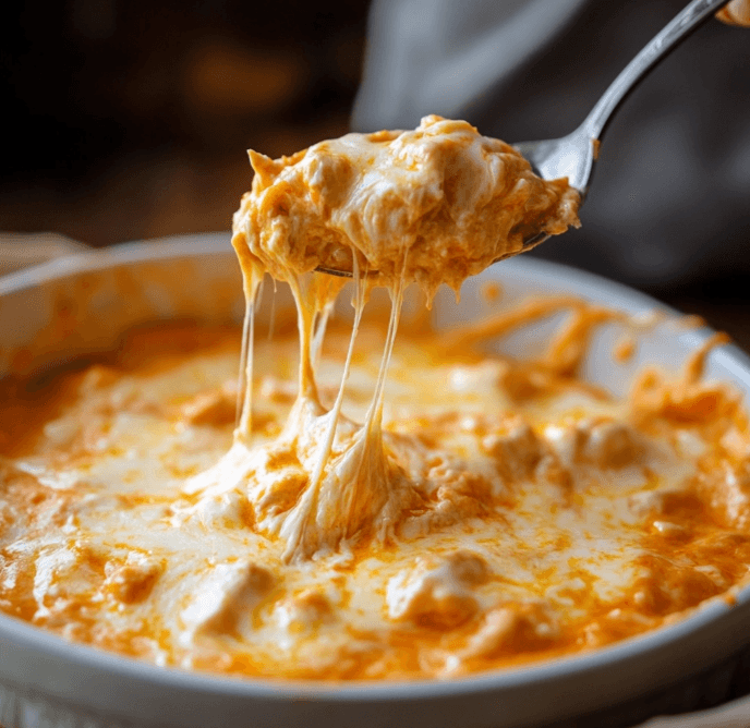 A bowl of Buffalo Chicken Dip with melted cheese being mixed in.