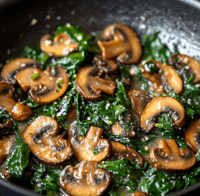  A pan filled with sautéed mushrooms and wilted spinach, glistening with butter.
