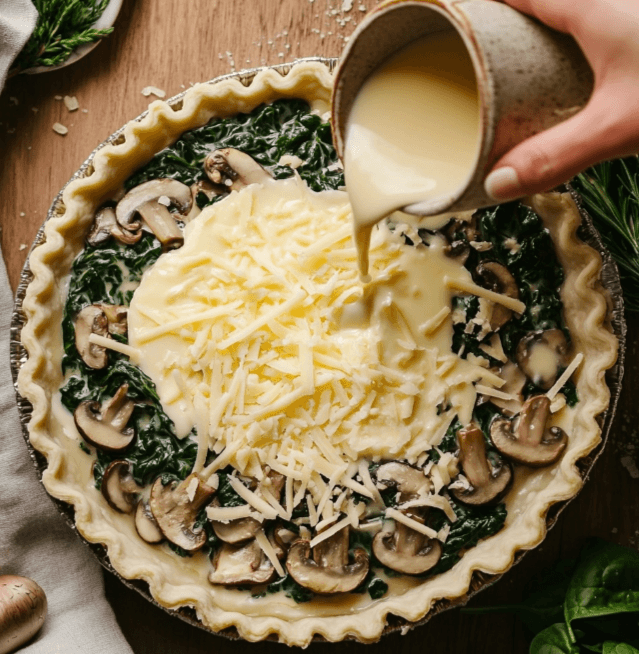 A quiche crust being filled with spinach, mushrooms, and cheese before baking.
