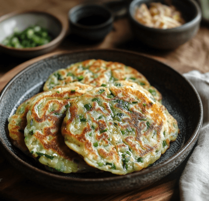 A plate of crispy Korean Scallion Pancakes (Pajeon) served with a soy dipping sauce.