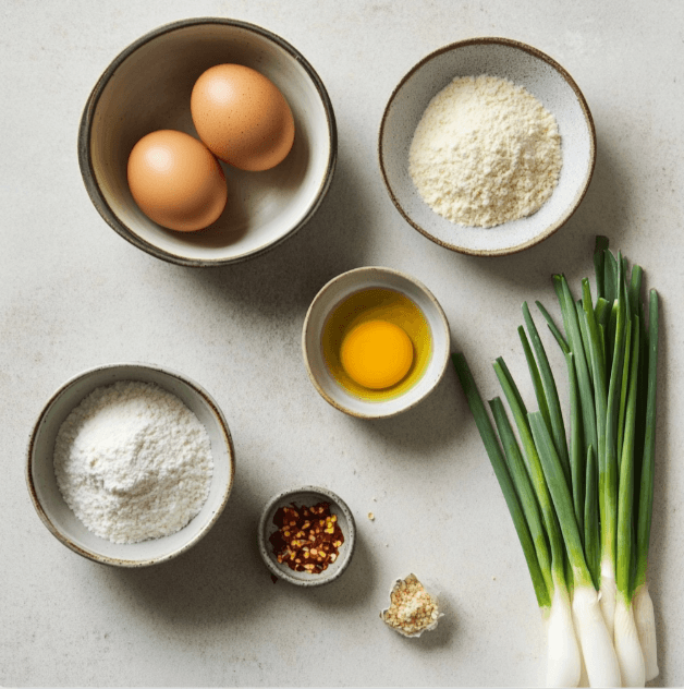 A collection of ingredients for making Korean Scallion Pancakes.