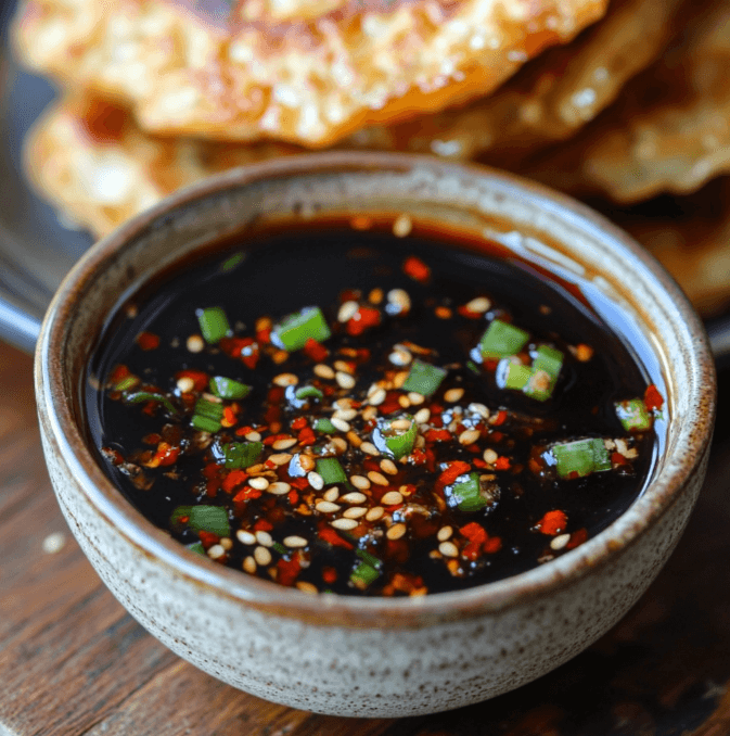 A small dish of soy-based dipping sauce with sesame seeds.