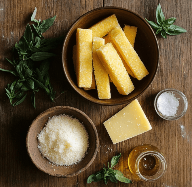 A flat lay of ingredients for Crispy Parmesan Polenta Fries including polenta, Parmesan cheese, herbs, spices, and olive oil