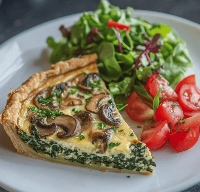 A plated slice of spinach and mushroom quiche served with a side salad.
