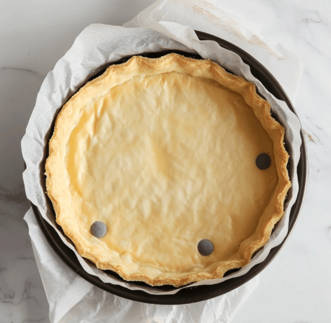 A quiche crust lined with parchment paper and filled with pie weights