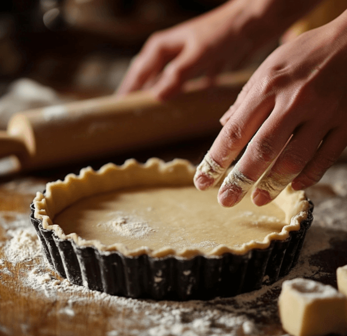 Hands rolling out a quiche crust on a lightly floured surface