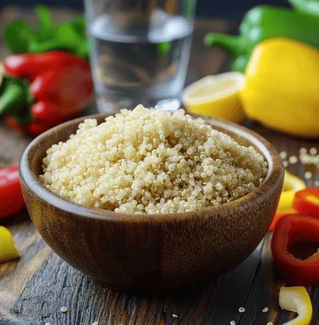  A close-up of quinoa grains in a wooden bowl next to a variety of fresh bell peppers.