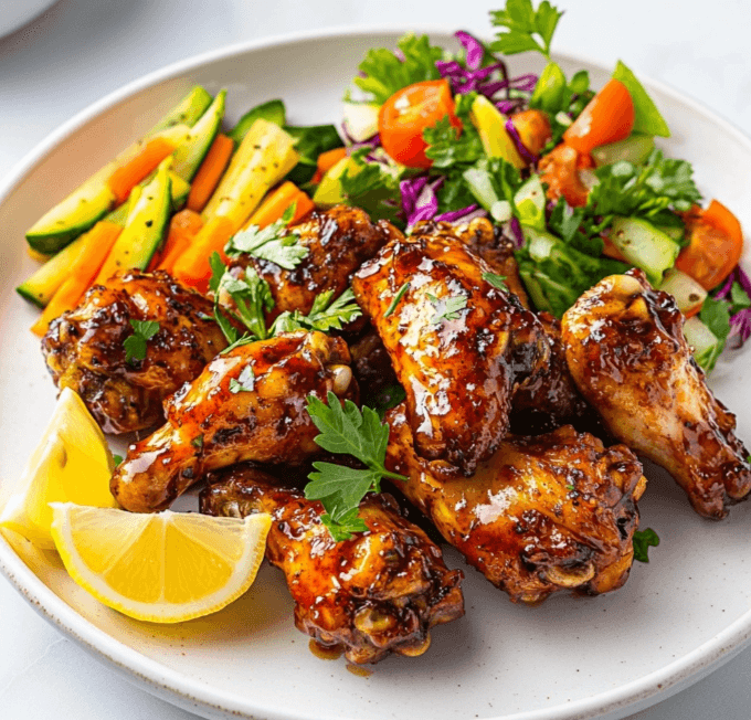 A stylish platter of Honey Glazed Chicken Wings with garnishes and side dishes